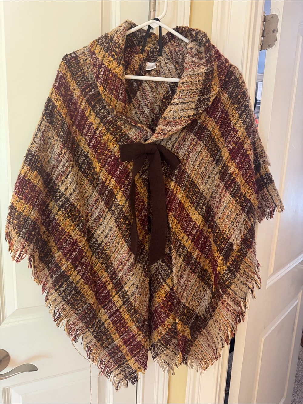 Cracker Barrel Plaid Fringe Shawl in Burgundy, Mustard, Brown